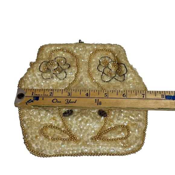 Vintage La Regale Ivory Beaded Sequin Evening Bag Purse - Mother of Pearl Inlay - Picture 9 of 9